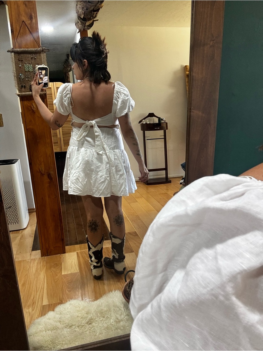 Chelsea &Violet White Linen Puff Sleeve Tiered Mini Dress size S